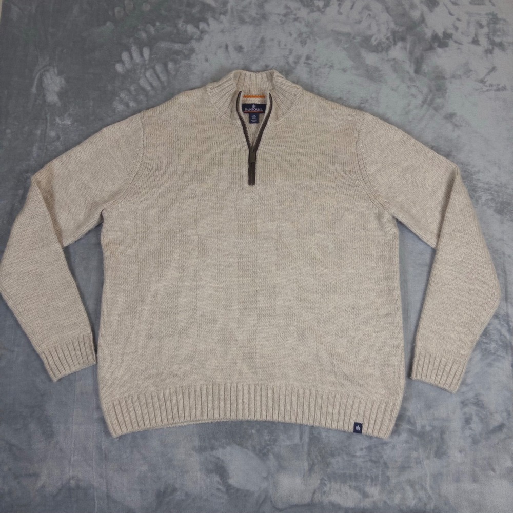 Rainforest Quarter Zip Sweater Mens Large Beige Wool Blend Mock Neck Pullover
